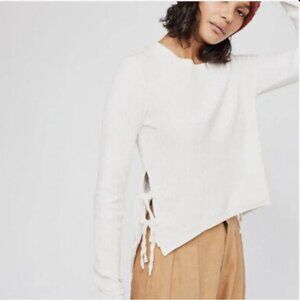Free People One White Waffle "Interlaken" Long Sleeve Crop Top Large
